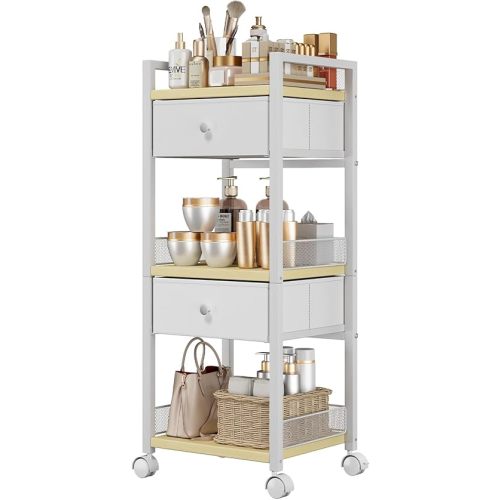 Flycity Makeup Organizer Cart with Drawers, 5 Tier Rolling Makeup Cart, Floor Skincare Organizers, Vanity Organizer Storage with Wheels Cosmetic Display Cases for Skin Care Perfume Nail Polish, White