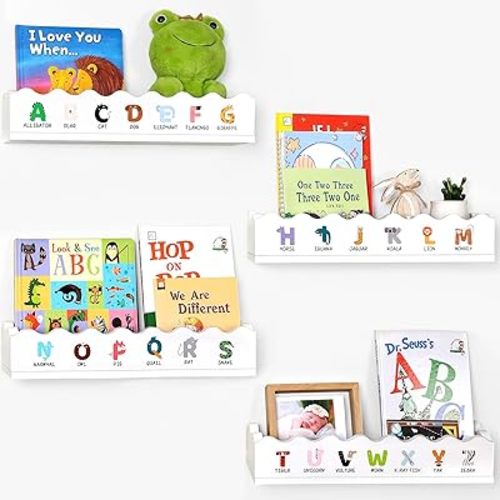 POVETIRE Nursery Book Shelves - Set of 4 Alphabet Wall Mounted Kids Bookshelf, White Scalloped Shelves，Wood Floating Shelves for Mount Baby Room,Boho Decor for Toddler Bedroom, Neutral Nursery Decor