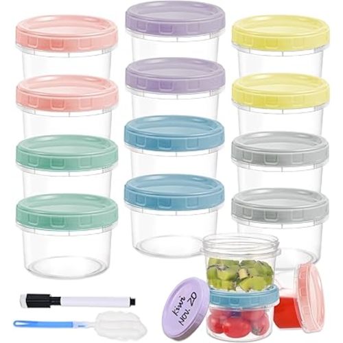12pcs 8 oz Plastic Containers with Screw Lids, Reusable Clear Food Storage Containers with Pen and Brush for Snack Salad Fruit, Leakproof Small Freezer Containers, Microwave & Dishwasher Safe