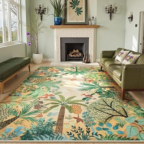 LIVEBOX Washable Jungle Animal Print 6 x 9 Area Rug for Dining Room, Non-Skid Yellow Kids Carpet Playmat Rug for Play Room, Soft Nursery Rugs for Girl Dorm, Kids Rugs for Bedroom Boys