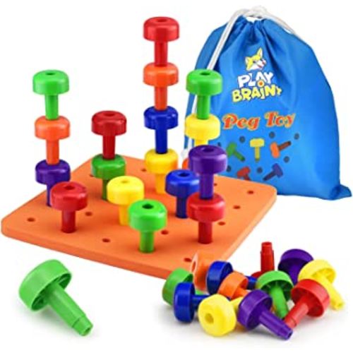 Play Brainy Peg Learning Toy Set – Exciting Montessori Style Colorful Stacking Board Toy for Toddlers & Preschoolers – Perfect for Color Recognition & Matching (30 Pegs)