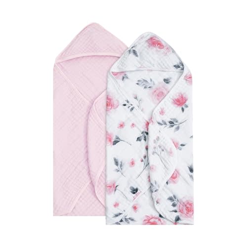 david's kids 2 Pack Hooded Baby Towels, 100% Muslin Cotton Ultra Soft Breathable Absorbent Baby Bath Towels for Infant Toddler and Kids, Newborn Essentials, Large 32x32Inch, Floral