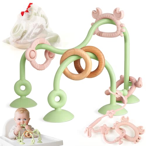 Baby Silicone Teether Sensory Toys: High Chair Suction Cup Toys, Teething Relief Tactile Developmental Toys for Babies, Baby Einstein Activity Toys for Table, Airplane Travel, 0-6 6-12 Months