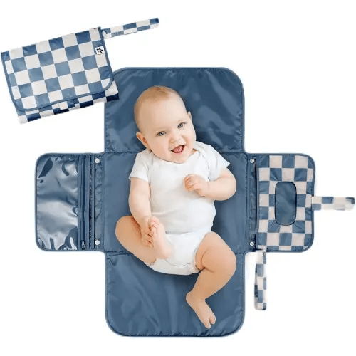 Tiny Twinkle Portable Diaper Changing Pad-Foldable Waterproof Changing Mat&Portable Changing Pad for Travel,Baby Changing Station with Smart Wipes Pocket&Storage (Blue Checkers)
