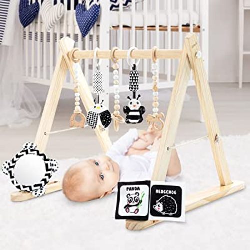 BABY K Wooden Baby Play Gym (with 7 Toys) - Foldable Wooden Play Gym with Wooden and Monochrome Hanging Toys for Baby Gym - Natural Wooden Surface - Cloth Cards & Mirror Toys for Activity Gym