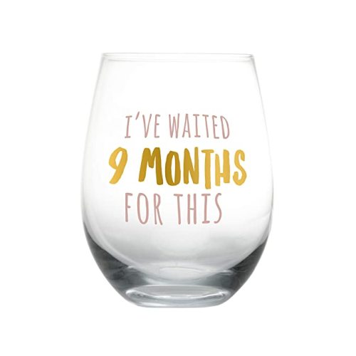 Pearhead I’ve Waited 9 Months For This Stemless Wine Glass, Perfect for Mother’s Day, Ideal Gift for Baby Shower, Post Pregnancy, New and Expecting Moms, Pink and Gold, 16 Oz