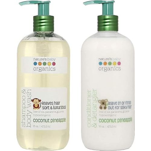 Nature's Baby Shampoo/Conditioner Combo Pack - Formulated for Problem and Sensitive Skin - EU Certified Non-Toxic - pH Neutral & Tear Free - Coconut Pineapple, 16 oz, 2 Pack