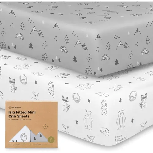 Pack and Play Sheets Fitted - 2-Pack Mini Crib Sheets for Pack N Play Mattress 38x26, Soft & Cozy, Neutral Toddler Playard Bedding, Snug Fitted Mini Baby Crib Mattress Cover Boy, Girl (Woodland)