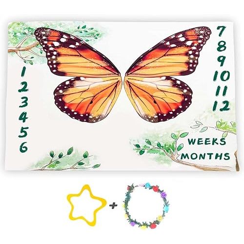 Butterfly Wings Baby Monthly Milestone Blanket Soft Flannel, 60x40in, Watercolor Plants Photography Backgrounds, Baby Shower Growth Tracker Blanket with Bonus