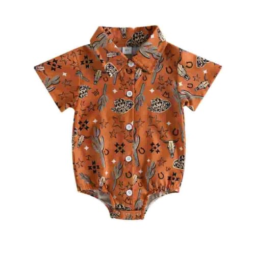 Mevireiy Western Baby Cowboy Shirt Romper Long Sleeve Button Down Onesie Bodysuit Outfits,Orange,0-3 Months
