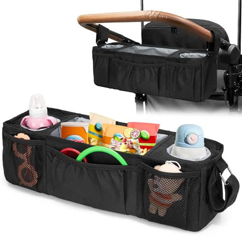 Wagon Parent Console Compatible with Wonderfold W4, Stroller Snack Tray Compatible with Keenz 7S+, 2 Insulated Cup Holders, Black