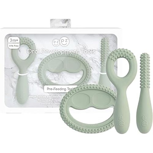 ezpz Oral Development Tools (3 Pack in Sage) - 3 Months+ - Non-Slip Loop, Smile and Stick 100% Silicone Tools - Prepare for Chewing + Solids - Baby-Led Weaning Supplies