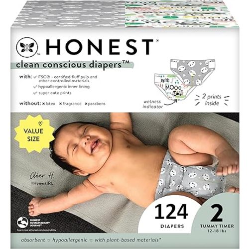 The Honest Company Clean Conscious Diapers for Sensitive Skin | Hypoallergenic, Fragrance Free | Gender Neutral Prints | Super Club Box, Size 2 (12-18 lbs), 124 Count