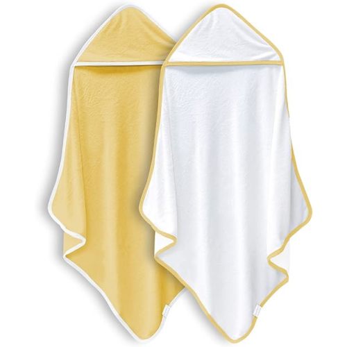 2 Pack Premium Baby Bath Towel - Rayon Made from Bamboo, Hooded Towels for Babies,Toddler,Infant - Newborn Essential -Perfect Baby Registry Gifts (White and Yellow, 30 x 30 Inch)