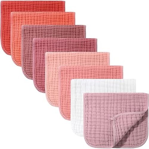8 Packs Muslin Burp Cloths 6 Layers Unisex Baby Items Absorbent Burp Rags Colorful Muslin Washcloths for Baby Plain Soft Cotton Cloth for Babies Girls Boys, 10 x 20 Inch (Vivid Colors)