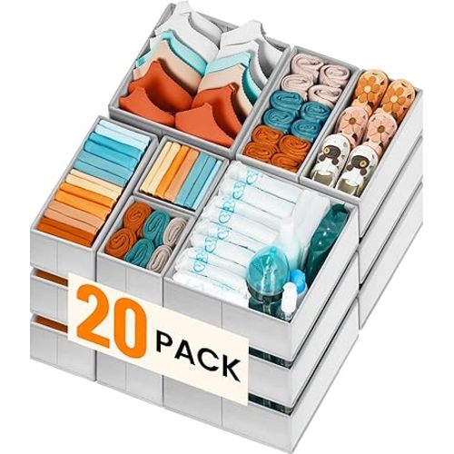 Criusia 20 Pack Drawer Organizer Bins - Grey Fabric Closet Organization and Storage Dividers for Baby Clothes, Adult Socks, Underwear, Bra, etc.