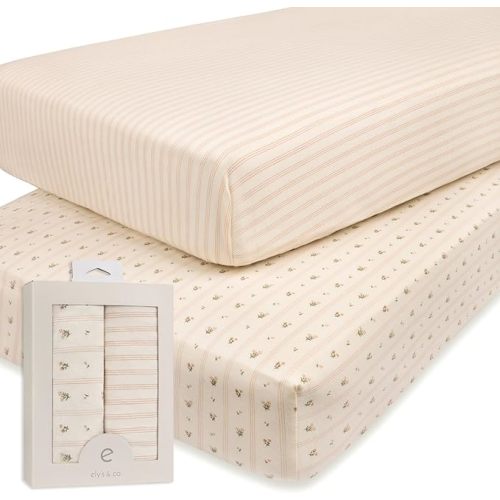 Ely's & Co. Crib Sheets, Baby Girl Fitted Crib Mattress Sheet Set, 2 Pack, 100% Jersey Knit Cotton, Infant and Toddler Nursery Bedding, 28” x 52” Pink Linear Floral Collection