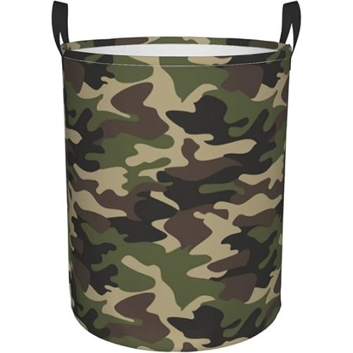 38L Round Laundry Hamper Camouflage Pattern Storage Basket Waterproof Coating Green Camo Organizer Bin For Nursery Clothes Toys