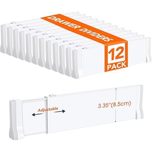 12 Pack Drawer Dividers for Clothes, 11.6''-19.6'' Adjustable Drawer Organizers 3.35'' High Expandable Separators Dresser Organizer for Clothes Kitchen Office Bathroom Drawer Organizers