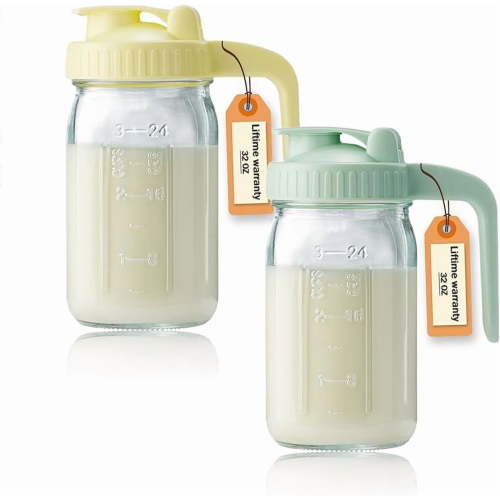 32oz Glass Pitcher with Lid & V-shaped Pour Spout - 1 Quart Breastmilk Pitcher Double Leak Proof, Creamer Container for Sun Tea, Juice, Cold Brew Coffee, Breastmilk Storage Container