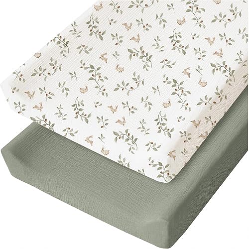 Konssy 2 Pack Muslin Changing Pad Cover for Baby Girls Boys 100% Cotton Fitted Diaper Changing Table Cover Set, Soft Changing Pad Sheets (Rabbit,Fog Green)