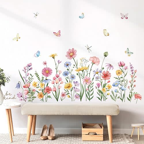 wondever Pink Wildflower Wall Stickers Garden Flower Daisy Butterflies Floral Botanical Wall Art Decals for Bedroom Living Room Sofa