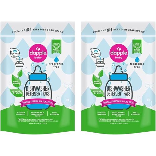 Dishwasher Detergent Pacs by Dapple Baby, 25 Count Pouch (Pack of 2), Fragrance Free, Plant Based & Hypoallergenic Dishwasher Pods - Removes Milk Residue & Odor - Dishes, Baby Bottles & Kitchenware