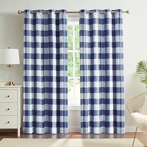 Melodieux Buffalo Check Plaid Blackout Curtains 63 Inch Length for Bedroom, Living Room Thermal Insulated Room Darkening Grommet Drapes, Blue, 50 x 63 Inch, 2 Panels