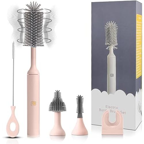 Electric Cleaning Brush with USB Rechargeable Electric Bottle Brush Cleaner and 3 Replaceable Silicone Bottle Brushes and Straw Cleaner Brush,Perfect Baby Gifts and Kitchen Brushes(Pink)
