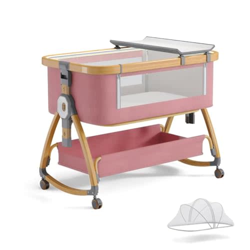 bonbay Baby Bassinet, Bedside Bassinet for Baby, 4 in 1 Portable Bassinet Bedside Sleeper with Wheels Mosquito Net & Storage Basket, 6 Height Adjustable Rocking Bassinet for Newborn Baby
