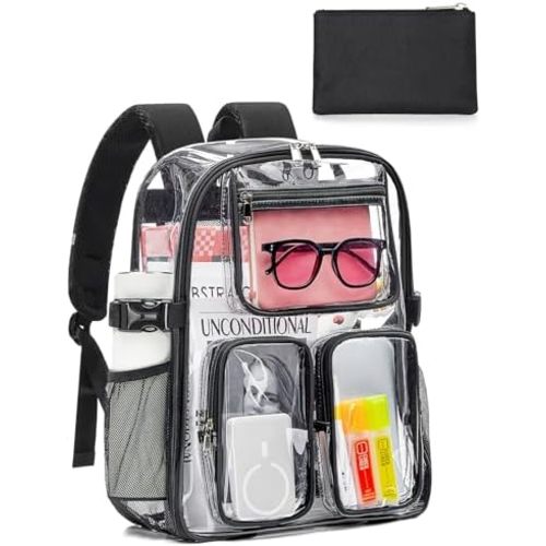 Heavy Duty Clear Backpack for Women Men Boys Girls, Large TPU Clear Bookbag with Accessories, Transparent See Through Backpack for School Sport College Work Travel Security, Black