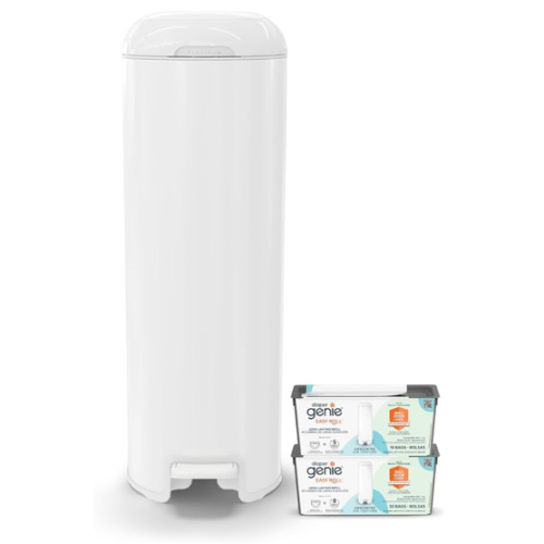 Diaper Genie Platinum Diaper Pail Gift Set | Hands-Free Odor Control with Foot Pedal | Stainless Steel Baby Diaper Pail | Includes 2 Easy Roll Refills 48 Bags Total | Baby Registry Must-Have