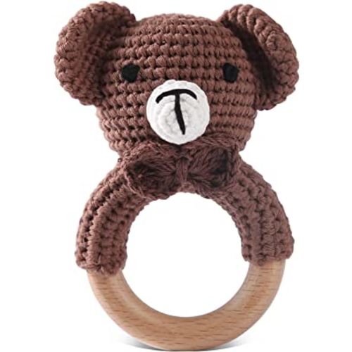 Wooden Baby Rattle Crochet Bear Baby Toys Handmade Newborn Toy Early Development Grips Stuffed Animal Organic Rattle