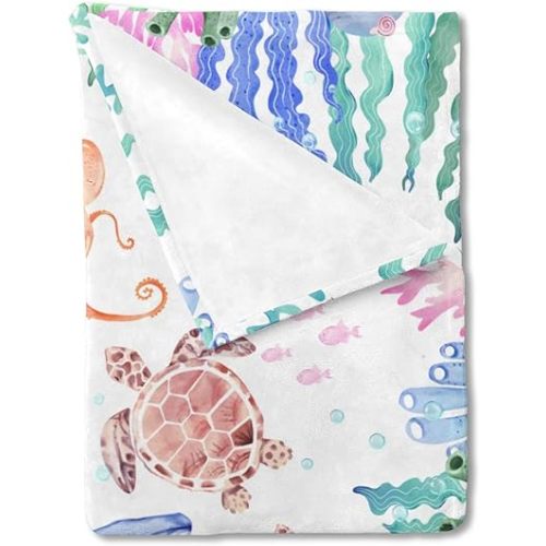 Colorful Ocean Animals Corals Sea Weeds Baby Blanket for Boy Girl Sea Horse Whale Jellyfish Turtle Fish Flannel Soft Swaddle Receiving Blankets Newborn Toddler Nursery Crib Bed Blankets 30x40