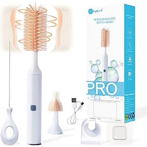 Electric Baby Bottle Brushes USB Rechargeable, Waterproof Bottle Cleaner Brush Wall-Mounted, with Silicone Bottle/Pacifier/Straw Brush, Two-Speed Cleaning Mode, 360° Rotating Cleaning, 1200mAh (Pink)