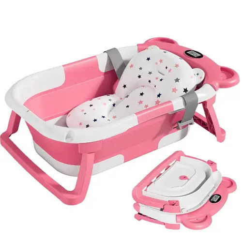 TPN Collapsible Baby Bathtub with Soft Cushion & Real-Time Thermometer Monitor, Foldable Infant to Toddler Tub (0-36 Months), Portable for Travel & Home Use