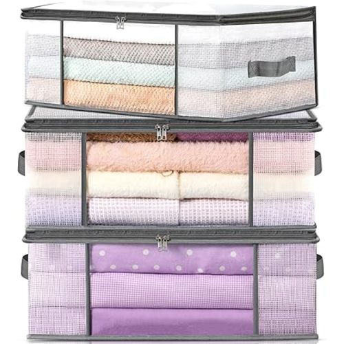 LANDNEOO 3-Pack Clothes Storage Bags, Plastic Foldable Blanket Storage bins, Closet Organizer Container for Bedroom, Bedding, Comforters, Pillows, and Clothing - 35L with Handles