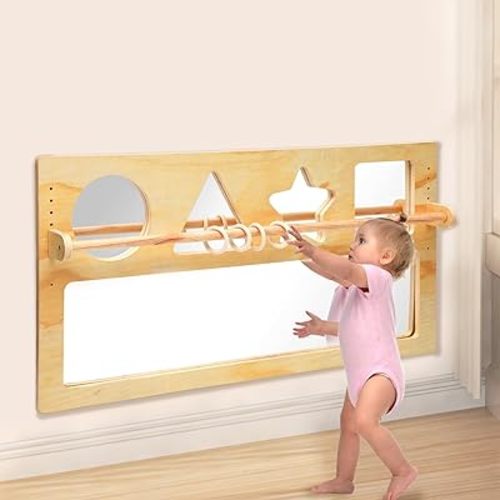 Montessori Mirror Baby Wall,Montessori 3-in-1 Shatterproof Mirror,with Wooden Pull Rods,Assist Infants in Exploring,Applicable to Kids Classroom Furniture for Daycare, Homeschool or Preschool