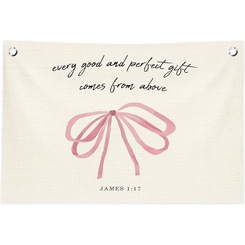 Girls Room Wall Decor,Pink Bow Canvas Banner Flags Girl Room Decor,Christian Bible Verse Wall Art for Kids Nursery Toddler Teen Girls Bedroom,30x20 Inch