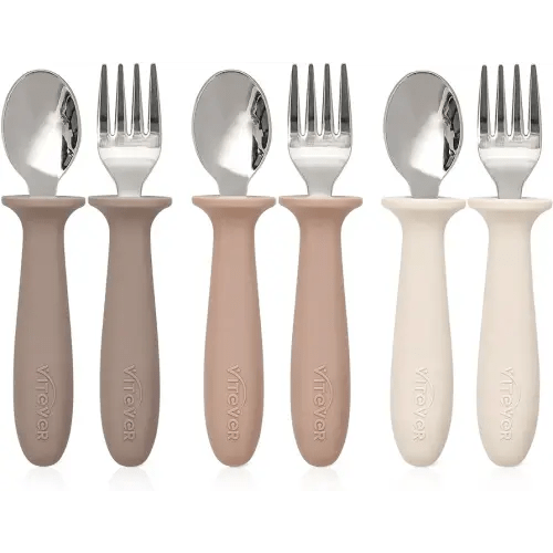 6 Pieces Toddler Utensils, Children Silverware Set with Silicone Handle, Kids Safe Spoons and Forks, Dishwasher Safe, 18/8 Stainless Steel, Food-grade Silicone，BPA Free - Tan