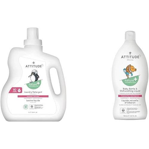 Bundle of ATTITUDE Baby Bottle and Dishwashing Liquid, EWG Verified, Vegan, Unscented, 23.7 Fl Oz + Baby Laundry Detergent, EWG Verified, HE Compatible, Unscented, 80 Loads, 67.6 Fl Oz