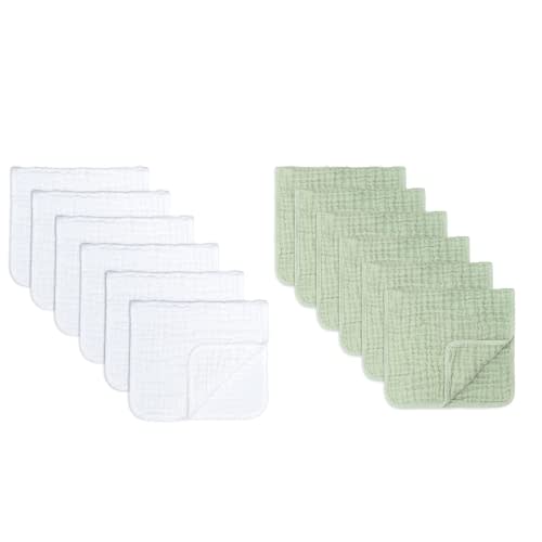 Comfy Cubs Muslin Burp Cloths Large 100% Cotton Hand Washcloths for Babies, Baby Essentials 6 Layers Extra Absorbent White 6 Pack and Sage 6 Pack