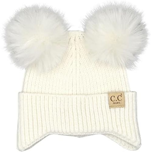 C.C Baby Double Fur Pom Pom Beanie with Ear Flap for Boys Girls - Comfortable Soft Warm Infant Toddler Baby Knit Skully Hat