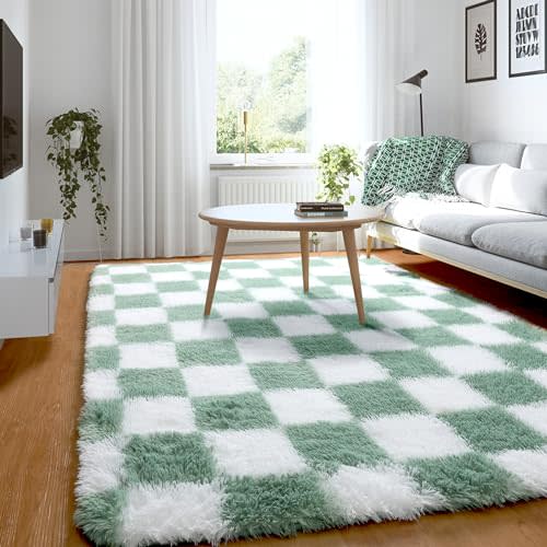 KICMOR Rugs for Bedroom Living Room, 3x5 Fluffy Soft Checkered Shag Area Rug Fuzzy Shaggy Plush Bedside Small Carpet, Sage Green and White Rug for Kids Boys Girls Dorm Nursery Home Decor Aesthetic