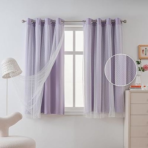 MYSKY HOME Lilac Curtains for Girls Bedroom Nursery Curtains 63 Inch Long Cute Curtain Light Purple Daughter Room White Polka-Dots Short Sheer Grommet Room Darkening Window Drapes 2 Pieces 52" x 63"
