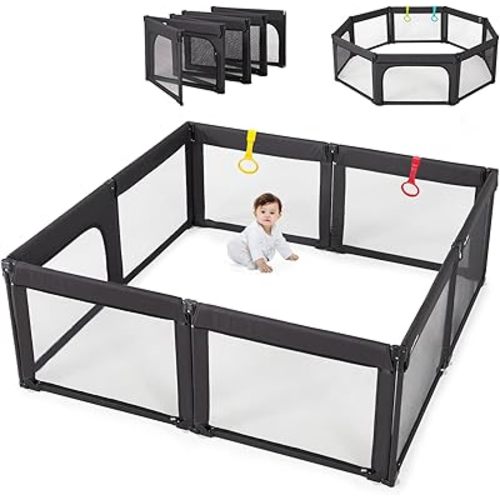 Foldable Baby Playpen, Shape & Size Adjustable Playpen for Toddler, 59x71 Large Play Pens Safety Mesh Foldable Playard for Babies, Portable Baby Fence Play Area Kids Play Pen, Black