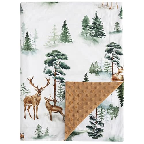 PHF Minky Baby Blanket for Boys, 30x40 Inches Soft Double Layer Baby Blankets with Dotted Backing, Receiving Blanket Bed Throws for Newborn, Infant, Babies, Woodland & Animals
