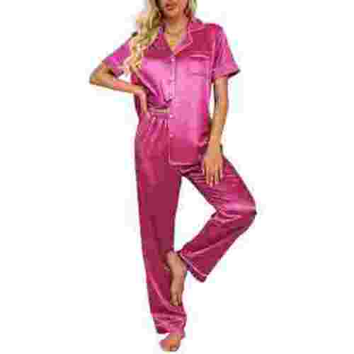 DAKIMOE Silk Satin Pajamas Set for Women Two-Piece Short Sleeve Shirt with Long Pajama Pant Set Soft Button Down Loungewear Nightwear Pjs Sleepwear for Women
