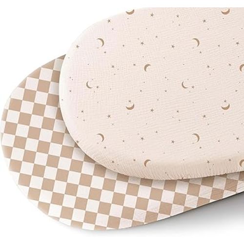Konssy 2 Pack Muslin Bassinet Sheets for Baby Boy, 100% Cotton Soft Breathable Bassinet Mattress Sheets Fit for Hourglass Oval Cradle Rectangle Mattress (Coffee Check,Moon)