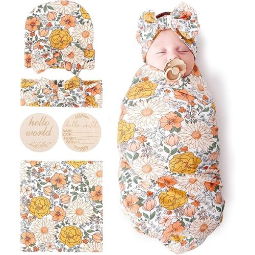 DRESHOW BQUBO Baby Girl Newborn Floral Receiving Blankets with Bow Hat Headband Wooden Birth Announcement Card Set Newborn Baby Swaddling Hats Sleepsack Toddler Warm Shower Gift